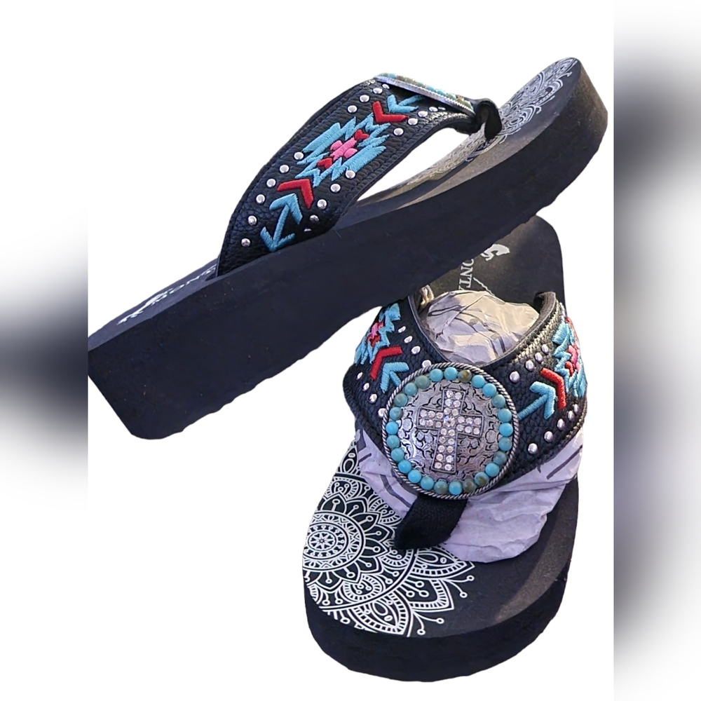 Mandala Aztec Cross Rhinstones Embroidered Flip Flop Platform Wedge Sandals